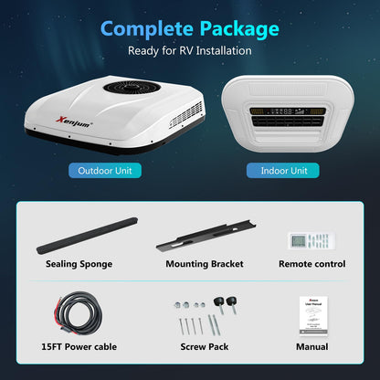 Xenjum 12V RV Air Conditioner, 11000BTU ONLY-43LBS Low-Profile Camper AC Unit, Ultra-Low Energy Use, 12 Volt DC Battery Powered Quiet AC for Off-Grid Camping, RVs, Vans, Trucks, Trailers (w/o heater)