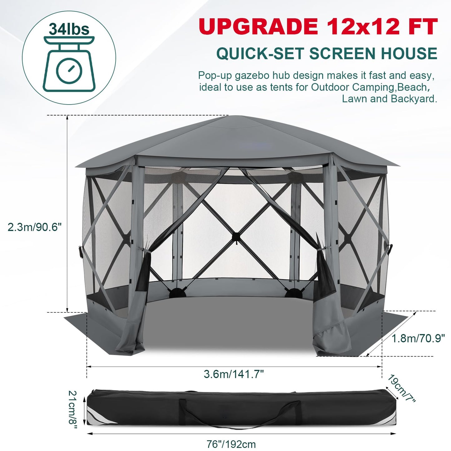 COBIZI 12x12 FT Pop Up Canopy Stargazing Tent, Gazebos On Clearance with Removable Roof, Screened in Gazebo, Screen Tents Portable carpas para Patio for Outdoor Camping,Backyard, Garden, Grey(Pro)