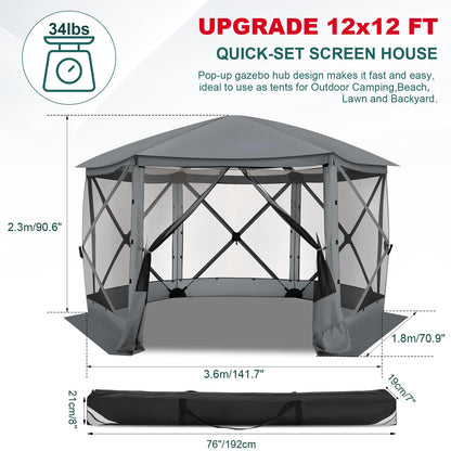 COBIZI 12x12 FT Pop Up Canopy Stargazing Tent, Gazebos On Clearance with Removable Roof, Screened in Gazebo, Screen Tents Portable carpas para Patio for Outdoor Camping,Backyard, Garden, Grey(Pro)