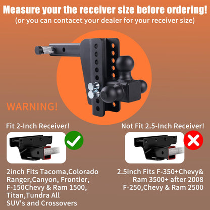Adjustable Drop Hitch Tri-Ball, 8" Drop/Rise, 18,500 LBS GTW, Fits 2-Inch Receiver, Anti-Theft Locking Pins, Heavy-Duty Trailer Hitch for Trucks