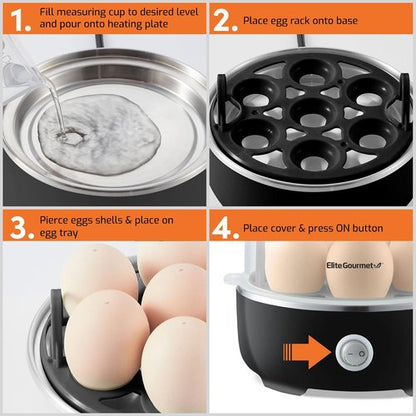 Elite Gourmet Easy Egg Cooker - Electric 7-Egg Capacity with Auto Shut-Off | Classic Black, BPA Free
