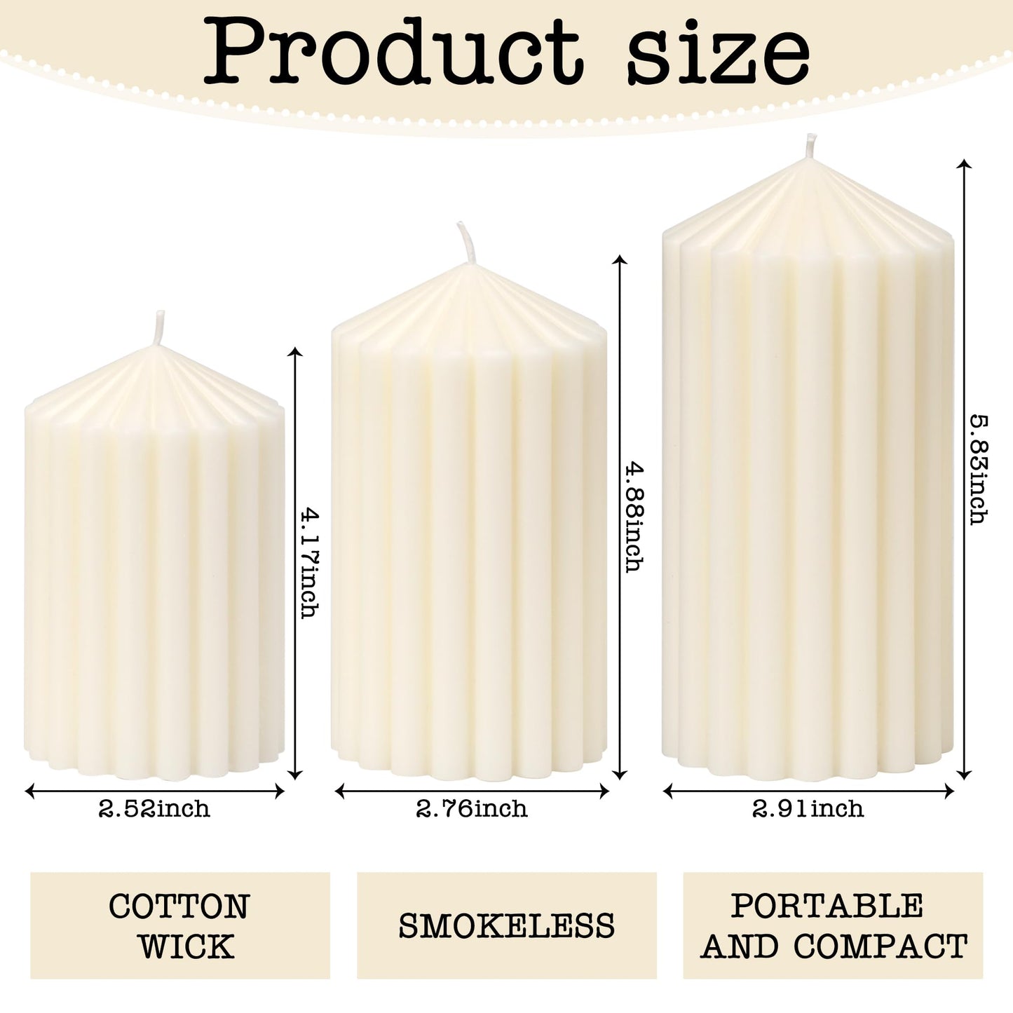 3 Pack White Ribbed Pillar Candles - Soy Wax Unscented, 2.76" x4.2/4.9/5.9 in Smokeless Non Toxic Cotton Wick, Aesthetic Modern Candles for Home Decor, Dinner Table, Living Room, Housewarming Gift