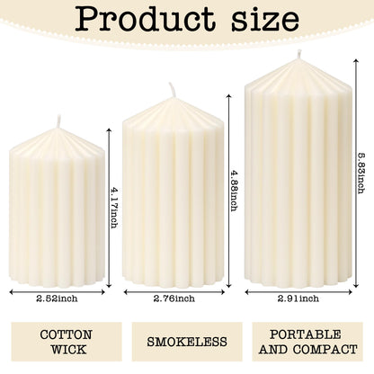 3 Pack White Ribbed Pillar Candles - Soy Wax Unscented, 2.76" x4.2/4.9/5.9 in Smokeless Non Toxic Cotton Wick, Aesthetic Modern Candles for Home Decor, Dinner Table, Living Room, Housewarming Gift