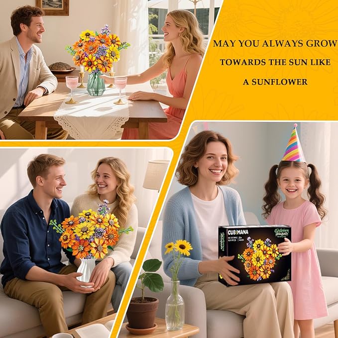 Flowers Sunflower Bouquet Building Set with Lights - 17 Flowers Botanical Collection Artificial Plant Sunflower Building Blocks Art Home Decor Easter Gifts for Adults Women Girl (1011PCS)