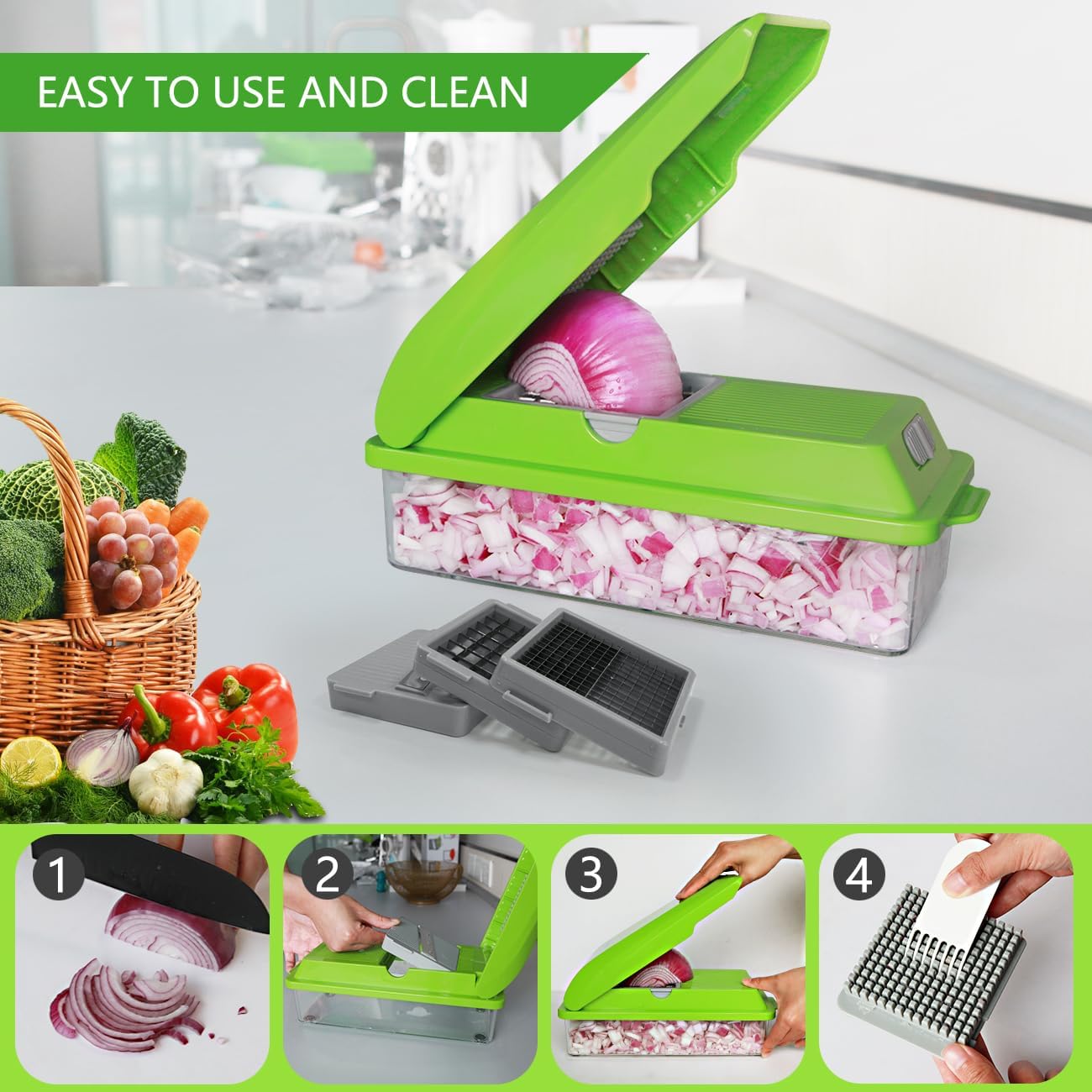 LHS Professional Vegetable Chopper - 5-in-1 Food Slicer and Dicer with Storage Containers | Green