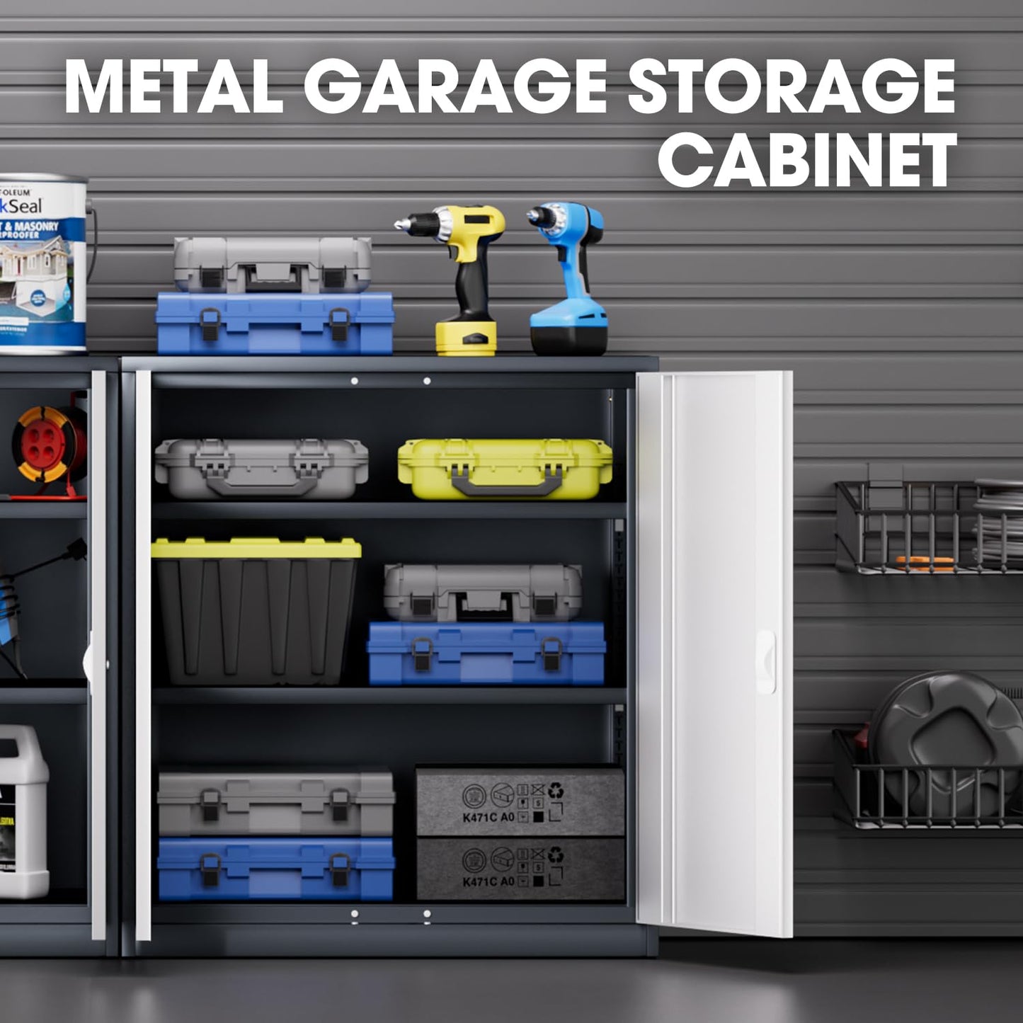 DNA Motoring 36'' Metal Storage Cabinet, Locking Tool Cabinet with 2 Doors and 2 Adjustable Shelves, Heavy Duty Metal Locker for Garage,Office,Home,Gym, Gray White, TOOLS-00631-GY-WH-A
