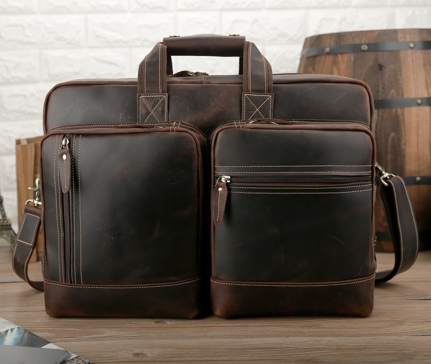 Masa Kawa Leather Briefcase for Men Expandable Large Vintage 17 Inch Laptop Messenger Bag Crossbody Shoulder Business Travel Duffel Bags Attache Case