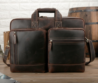 Masa Kawa Leather Briefcase for Men Expandable Large Vintage 17 Inch Laptop Messenger Bag Crossbody Shoulder Business Travel Duffel Bags Attache Case