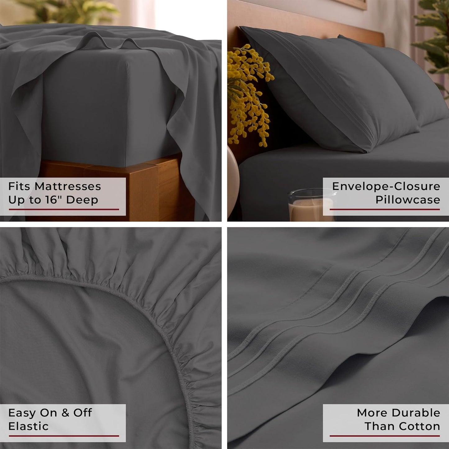 Mellanni Queen Sheets Set - 4 PC Hotel Luxury Bedding | Extra Soft, Cooling, Wrinkle-Resistant (Gray)