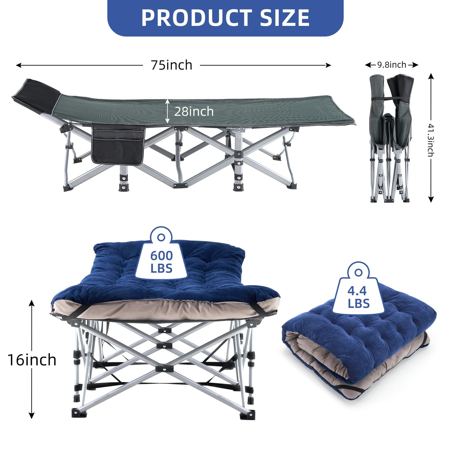 Fragess Camping Cot, Sleeping Cots, Portable Camping cots with Cushion, Pillow and Carry Bag, 1200D Double Layer Oxford, 600 LBS Weight Capacity Cots for Sleeping (Blue)