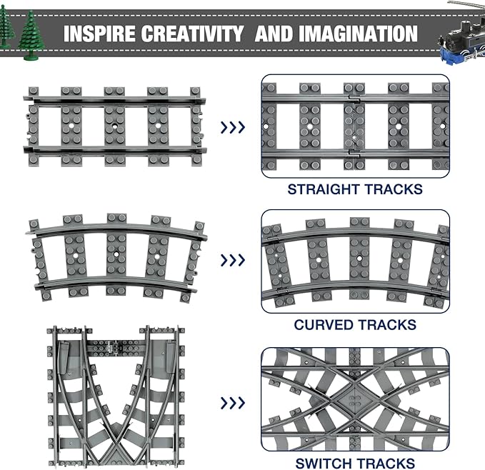 Classic City Train Tracks 54 Pieces Railroad Track with 32 Curved 20 Straight and 2 Switch Train Tracks Train Expansion Accessories Compatible with All Major Train Tracks