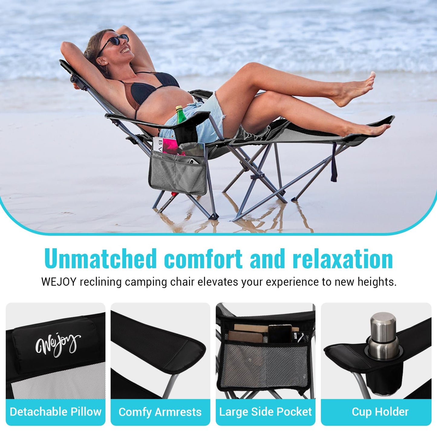 #WEJOY 2-in-1 Reclining Camping Chair with Footrest for Adults Folding Lounge Chair with Adjustable Backrest Lightweight Camping Chairs Heavy Duty Camp Chairs for Outdoor (2 Pack Black Grey)