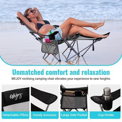 #WEJOY 2-in-1 Reclining Camping Chair with Footrest for Adults Folding Lounge Chair with Adjustable Backrest Lightweight Camping Chairs Heavy Duty Camp Chairs for Outdoor (2 Pack Black Grey)