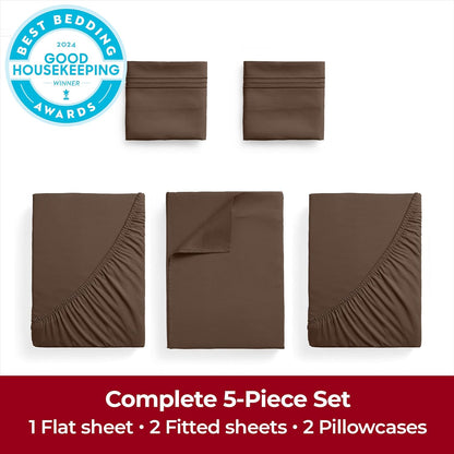 Mellanni Extra Deep Split King Sheets - Hotel Luxury Bedding Set | Ultra Soft, Cooling, Stain Resistant (Brown)