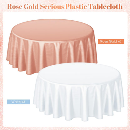 Buryeah 12 Pcs 84 Inch Rose Gold and White Round Plastic Disposable Table Cloth Waterproof Tablecloth Circle Table Covers for Bridal Wedding Birthday Party Gender Reveal Baby Shower
