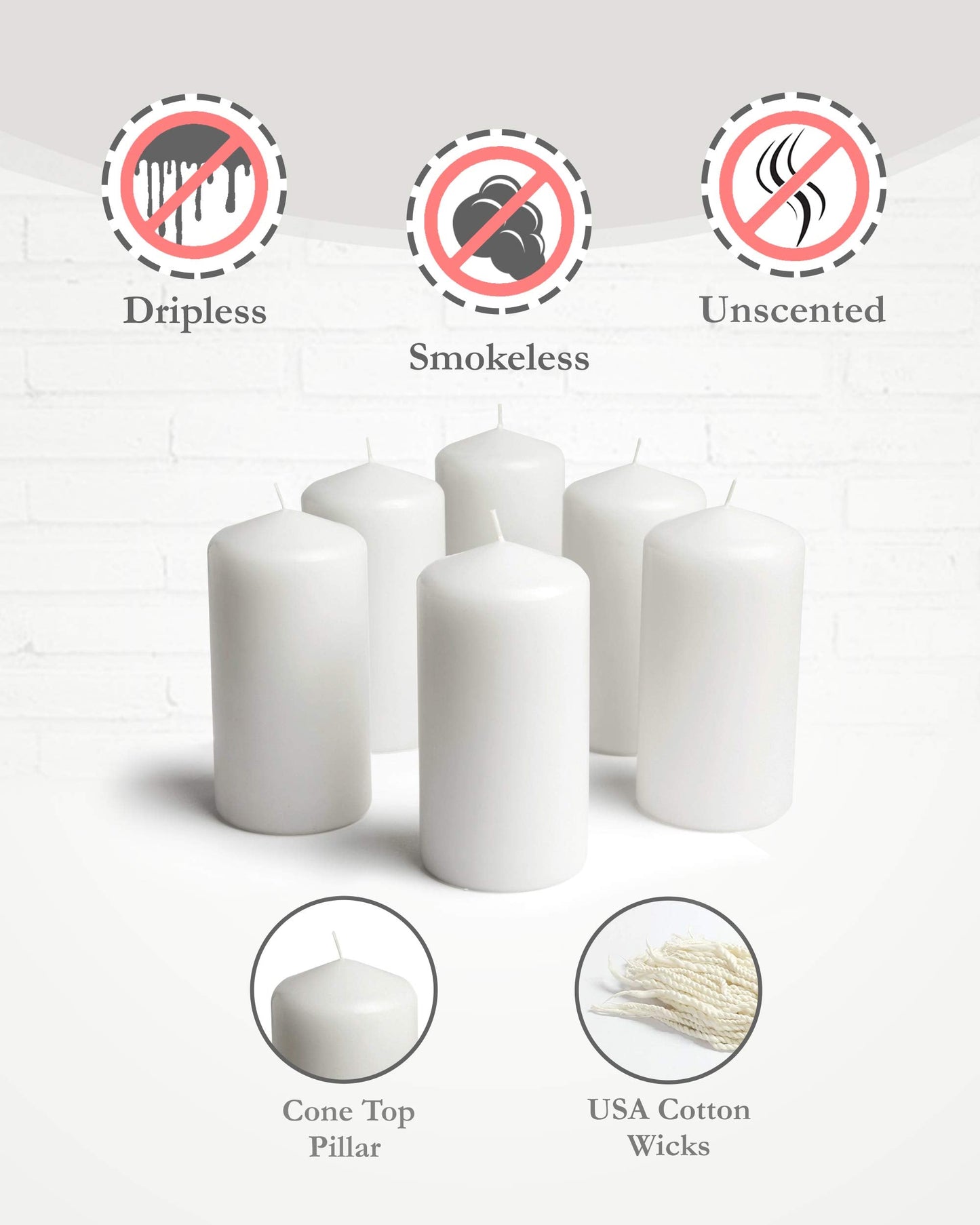 Cone Top Pillar Candles by Bask - Set of 6-3" x 6" Dripless Unscented Candles in White for Home Decor, Relaxation & All Occasions