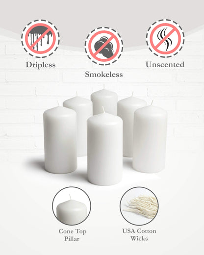 Cone Top Pillar Candles by Bask - Set of 6-3" x 6" Dripless Unscented Candles in White for Home Decor, Relaxation & All Occasions