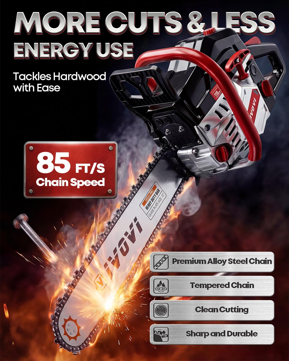 IVOVI 63CC Gas Powered Chainsaw with 20 and 18 Inch Bars, 3.7HP 2-Cycle Engine for Tree Felling, Logging and Firewood Preparation, Includes Portable Carrying Pouch and Tool Kit (Yello)