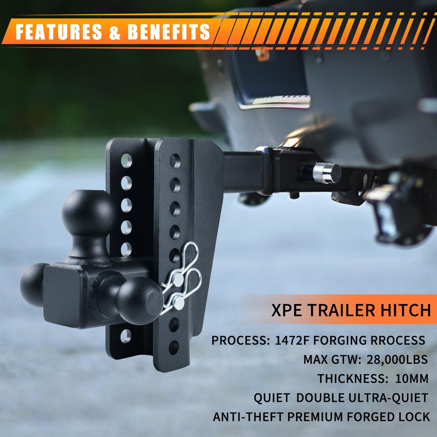 Adjustable Drop Hitch Tri-Ball, 8" Drop/Rise, 18,500 LBS GTW, Fits 2-Inch Receiver, Anti-Theft Locking Pins, Heavy-Duty Trailer Hitch for Trucks