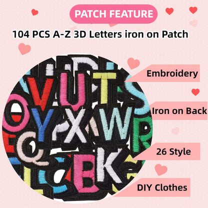 104 Pieces Iron on 3D Alphabet Letter Patches, Full Embroidered 4 Set A-Z Alphabet Iron on Sew on Applique Letter Fabric DIY Decorate Patches for Clothes Jackets Hats Shirts Jeans Bags Pants