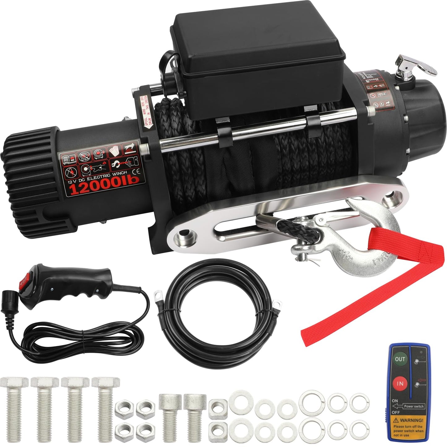 WildGear 12000LB Electric Winch 12V Series Wound Motor Synthetic Rope Wired & Wireless Remote Control Waterproof Trailer Winch for Jeep Off Road SUV Truck Boat