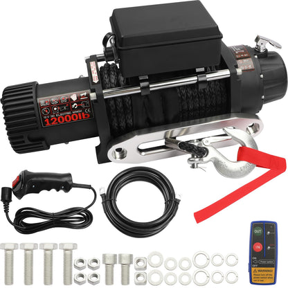 WildGear 12000LB Electric Winch 12V Series Wound Motor Synthetic Rope Wired & Wireless Remote Control Waterproof Trailer Winch for Jeep Off Road SUV Truck Boat