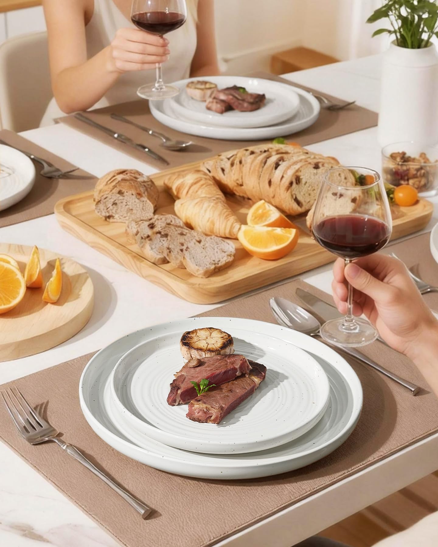 Famiware Premium 24-Piece Stoneware Dinnerware Sets for 8 - Coupe Plates and Bowls with Speckles & Spirals - Chip & Scratch Resistant, Microwave & Dishwasher Safe - Farmhouse Dishes - Gift Box, White