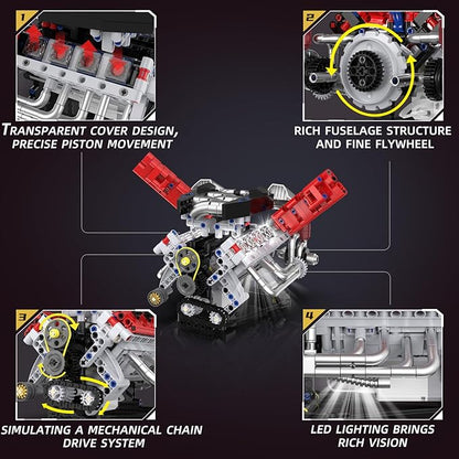 V8 Engine Model Kit That Works with LED Light and APP Control Collectible Set for Adults Visible Car Engine Building Engineering STEM Projects for Kids Boys (700 PCS)