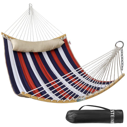 Double Hammock, 11 FT Quilted Fabric 2 Person Hammock for Outside with Pillow, Folding Curved Spreader Bar, Chains, Carrying Bag, Indoor Outdoor, 450 IB Capacity, Trinidad Red