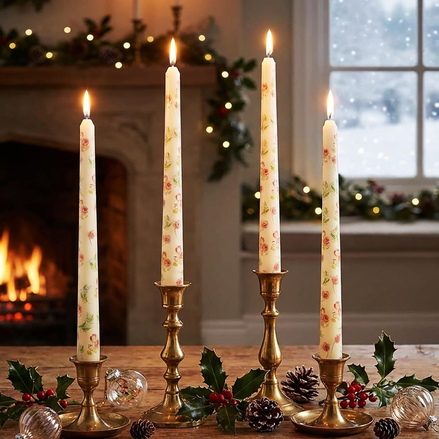 W&LESVAGO 4 Pcs Rose Print Taper Candles,10 Inch Rose Floral Patterns Ivory Dripless Long Candles Set for Wedding Anniversary Home Decor Dinner Party
