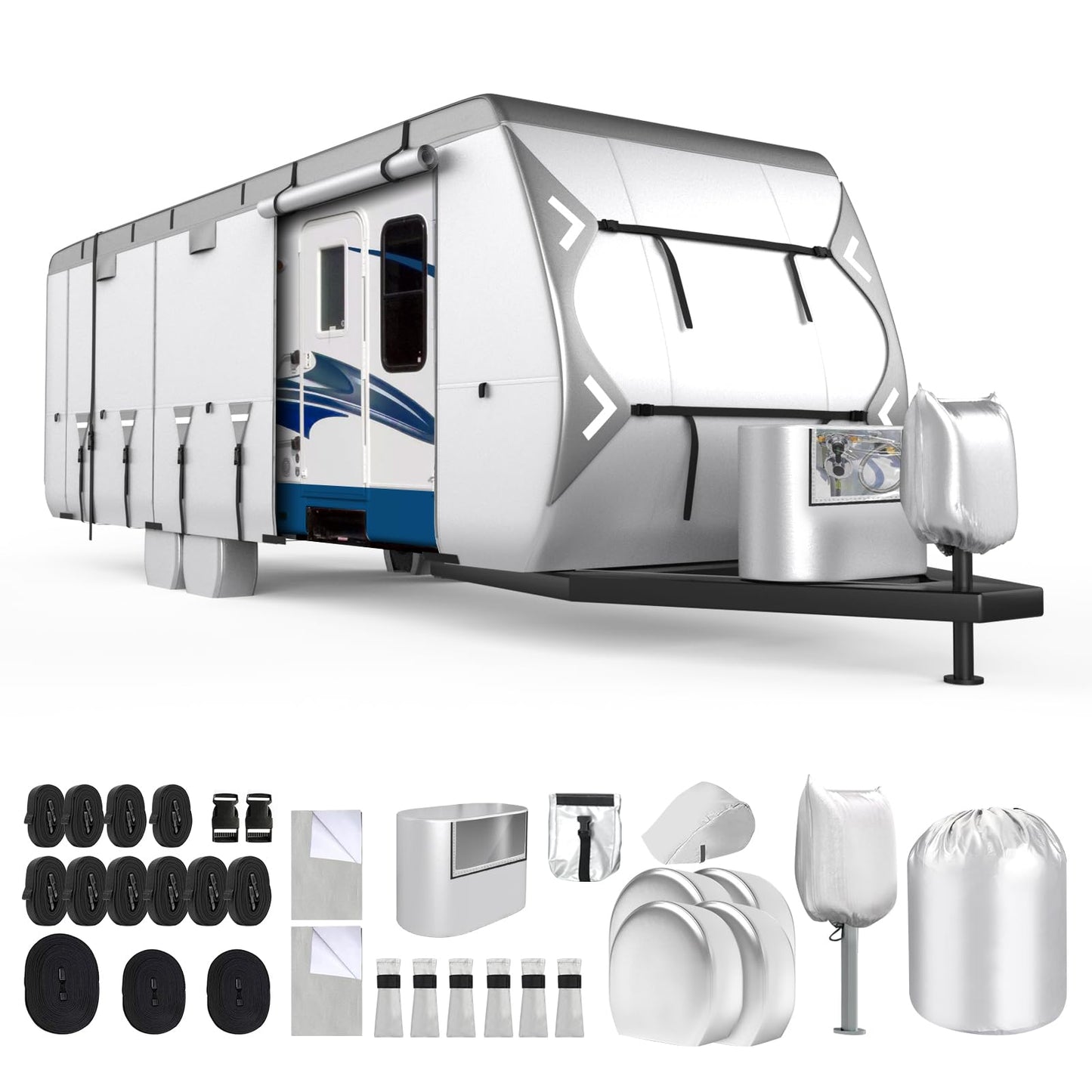 Mofeez Oxford Fabric Travel Trailer RV Cover, 420D Oxford Camper Covers 30-33 with Roof Top AC Waterproof Travel Trailer Cover with Tire Covers, Jack Cover and Propane Tank Cover