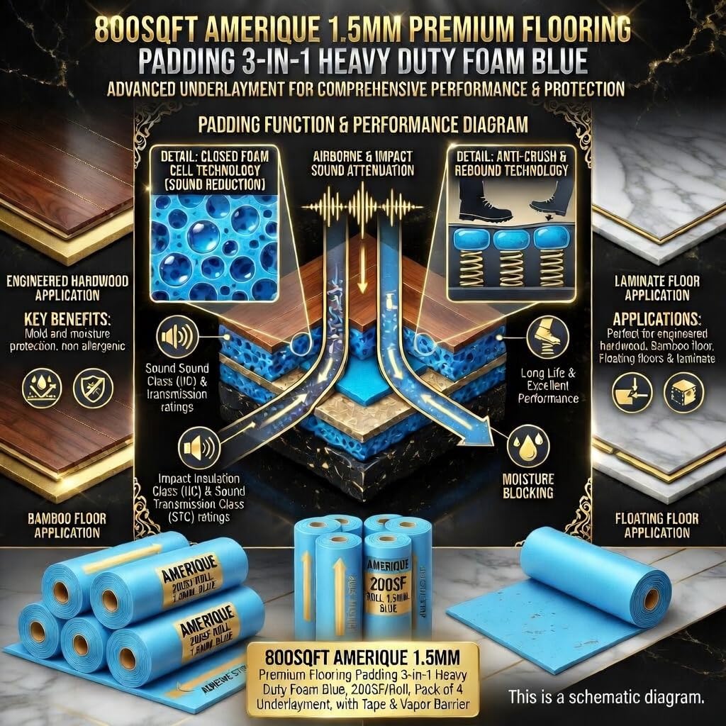AMERIQUE 800SQFT 4TH Generation Blue 1.5MM Thick Flooring Underlayment Padding 3-in-1 Heavy Duty Foam with Tape & Vapor Barrier