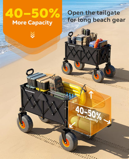 Beach Wagon with Big Wheels for Sand, 440lbs Wagons Carts Foldable with 9x4 All-Terrain Wheels, Rear Tailgate, 200L Capacity, Heavy Duty Collapsible Beach Cart for Garden Sports Camping Outdoor