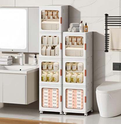 KINDLYF 4-Tier Narrow Storage Cabinet Foldable Plastic Bathroom Organizers with Magnetic Doors & Adjustable Shelves, Slim Storage for Small Spaces Pantry Kitchen Laundry Room Quick Assembly, White