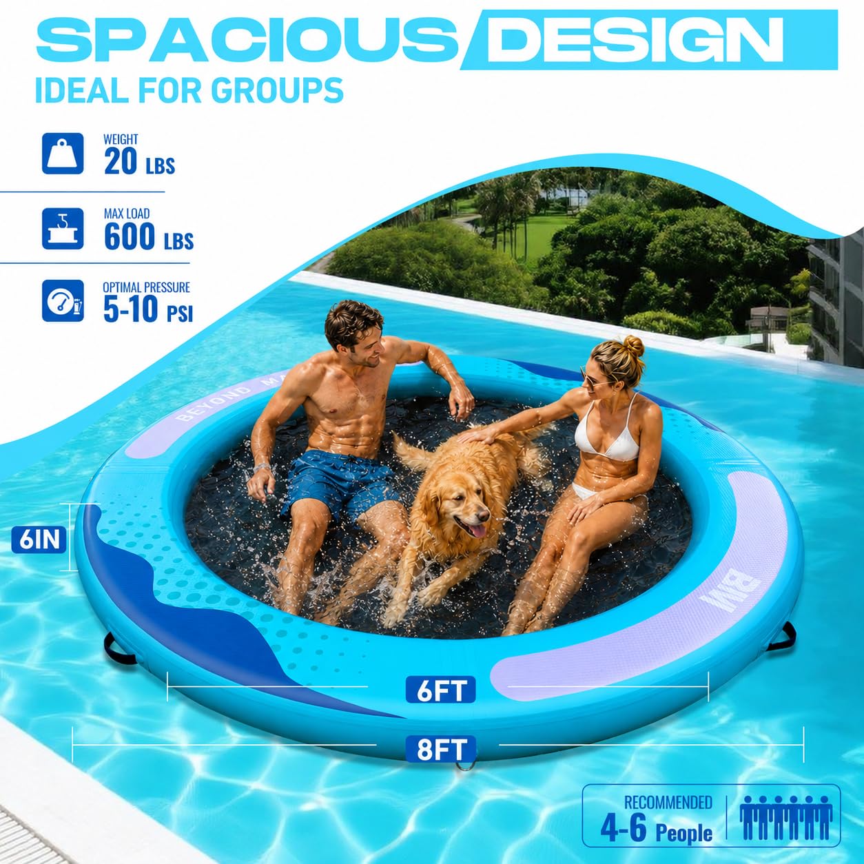 BEYOND MARINA Inflatable Water Hammock Floating Air Dock River Float with Mesh Heavy Duty Round Ring Raft for Pool Lake Ocean Portable Island Platform Pad 8'*6'*6"