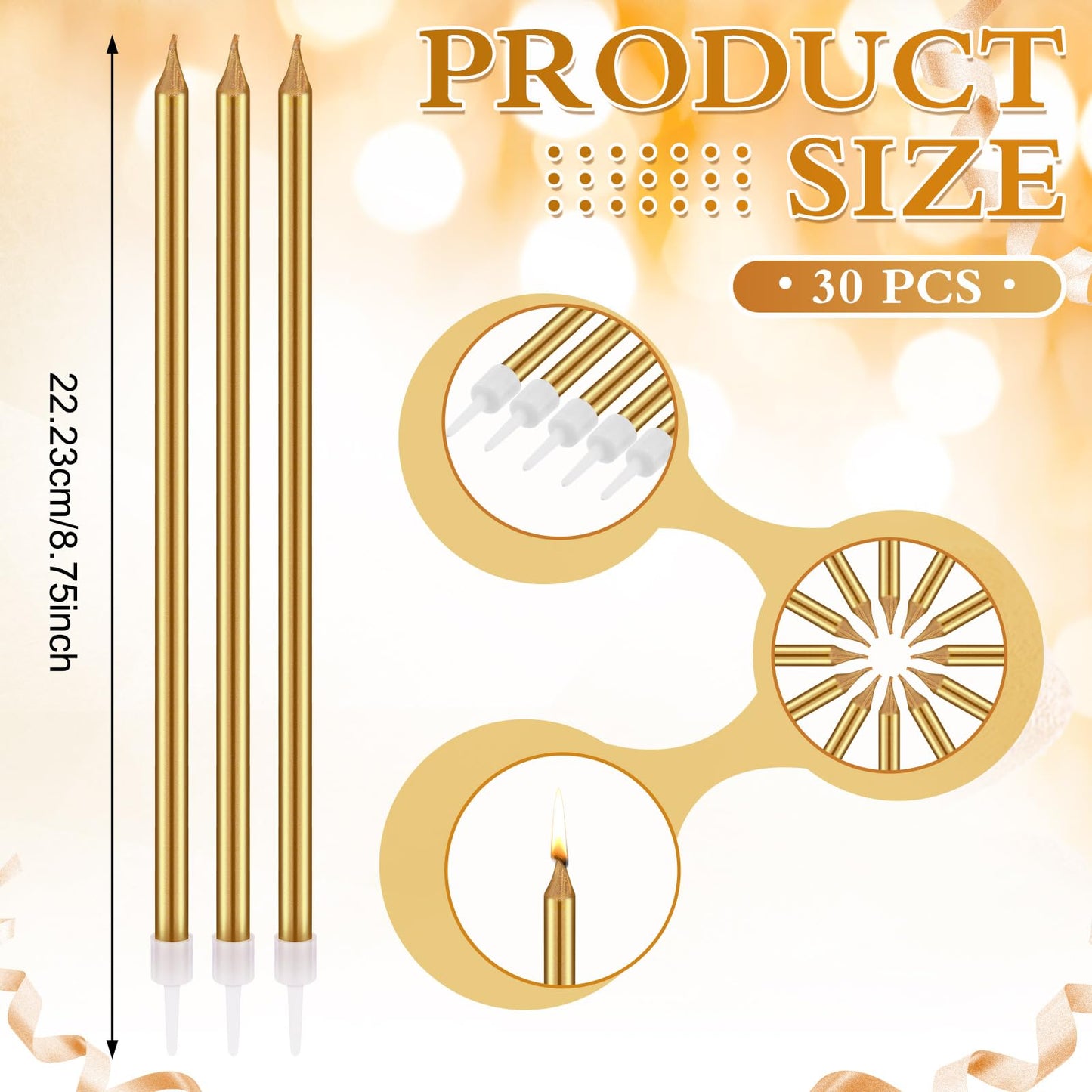Conelist 30 Pack 8.75 Tall Unscented Champagne Gold Long Birthday Candles for Cake Fancy Thin Cupcake Candle for Birthday Cake Wedding Decorations Party