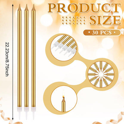 Conelist 30 Pack 8.75 Tall Unscented Champagne Gold Long Birthday Candles for Cake Fancy Thin Cupcake Candle for Birthday Cake Wedding Decorations Party