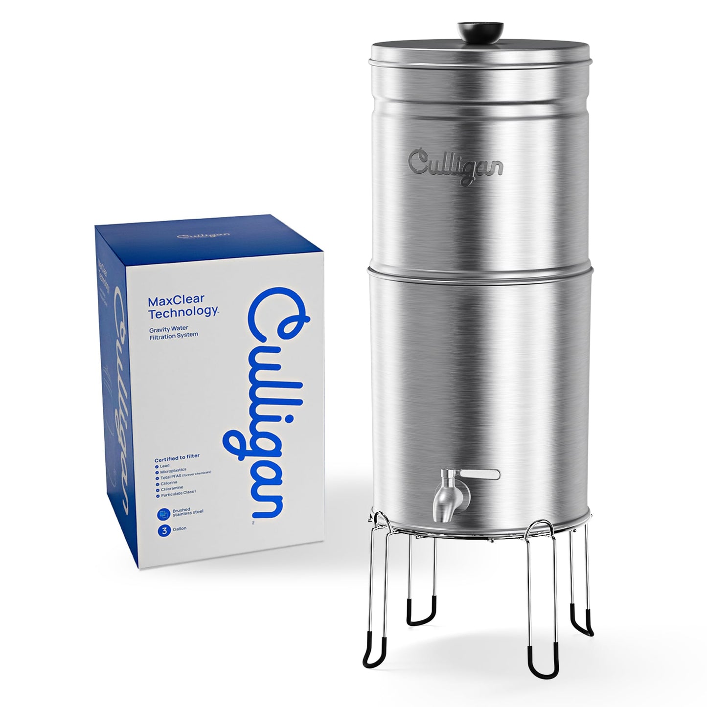 Culligan MaxClear 3 Gallon Gravity Water Filter System, Brushed Stainless-Steel Countertop Water Filter NSF/ANSI Certified to Reduce Microplastics, Lead & Total PFAS, with 3 Ceramic Filters