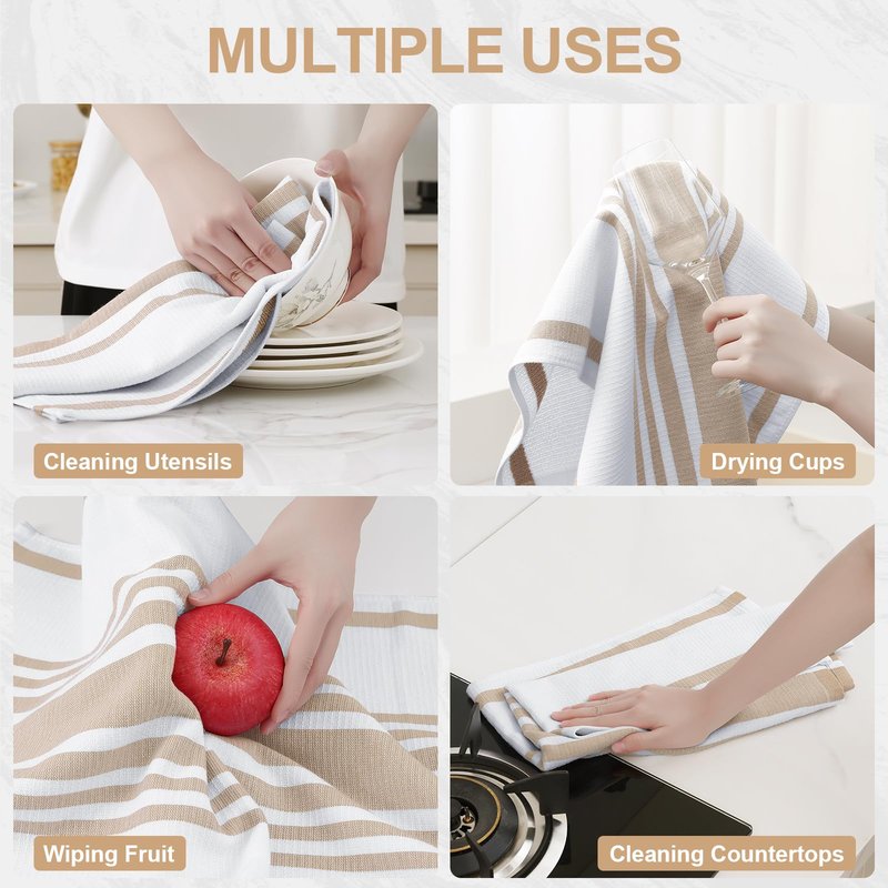 Homaxy Premium Kitchen Towels 18”x 28”, Large Cotton 380 GSM Kitchen Hand Towels, Stripe and Terry Dish Towel, Highly Absorbent Tea Towel Set with Hanging Loop, 6 Pack, Khaki