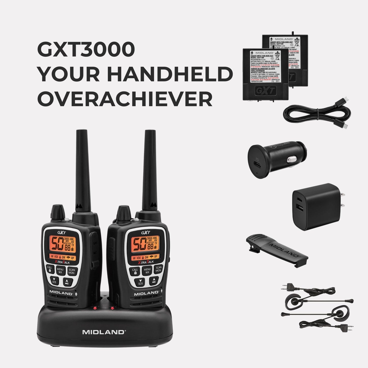 Midland GXT3000 GMRS Two-Way Radio (50-Channel, Repeater Capable, Long Range, 142 Privacy Codes, SOS, NOAA, Rechargeable Lithium Ion Battery, Black/Silver, 2-Pack)