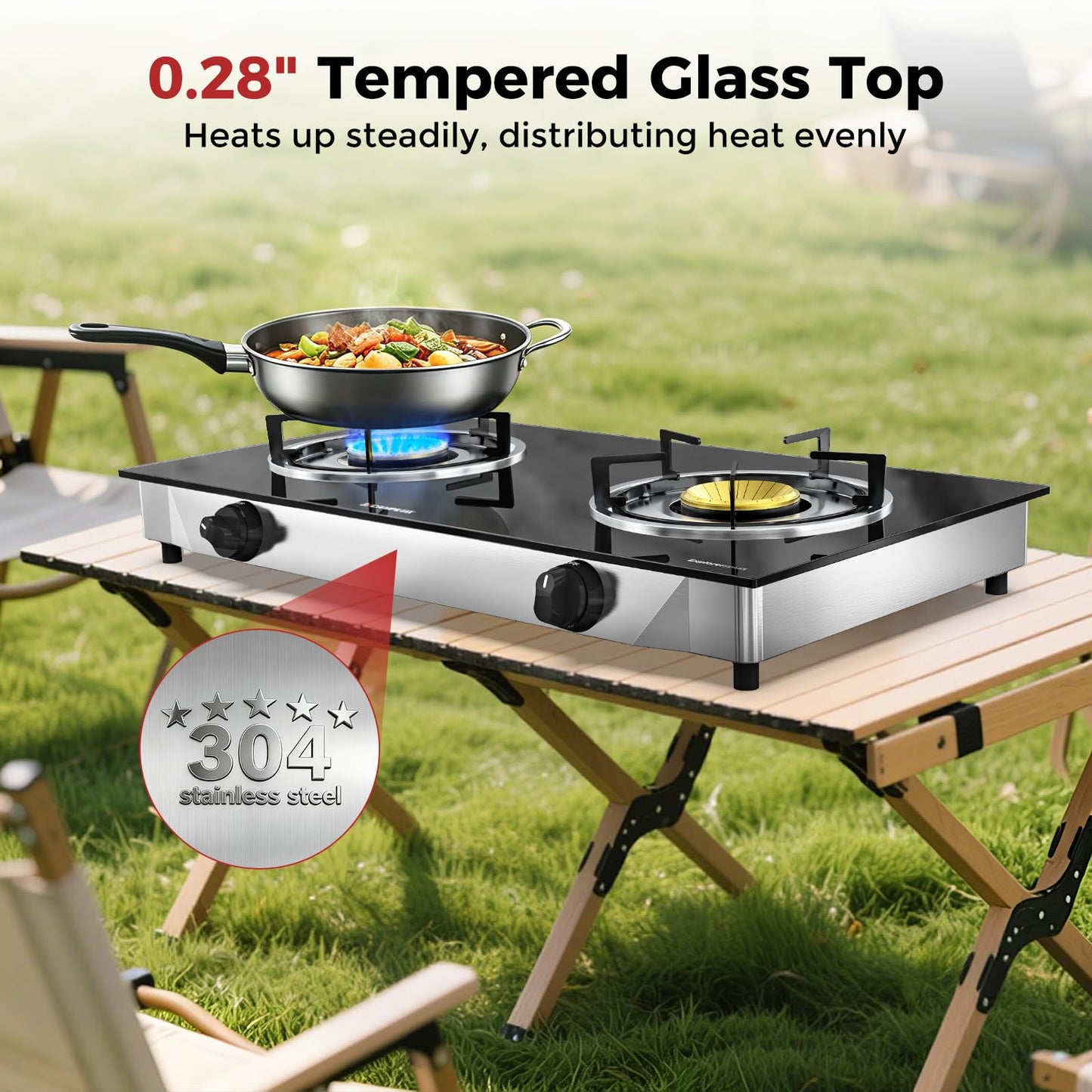 CAMPLUX 2 Burner Propane Stove, LPG Tempered Glass Auto Ignition Double Burner Portable Gas Stove Top, 19,000 BTU Propane Cooktop for Camping, CSA Regulator & Hose Included, estufa de gas portatil