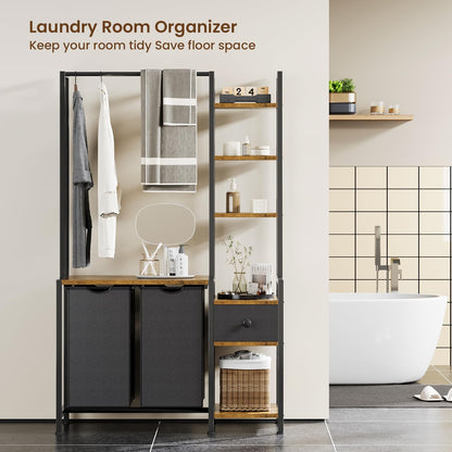 Creso hom Laundry Hamper with Shelf, 5 Tiers Tall Laundry Basket Sorter with 2 Pull-Out and Removable Bags, Clothes Rack with Laundry Sorter for Laundry Room Bathroom Bedroom, Rustic Brown