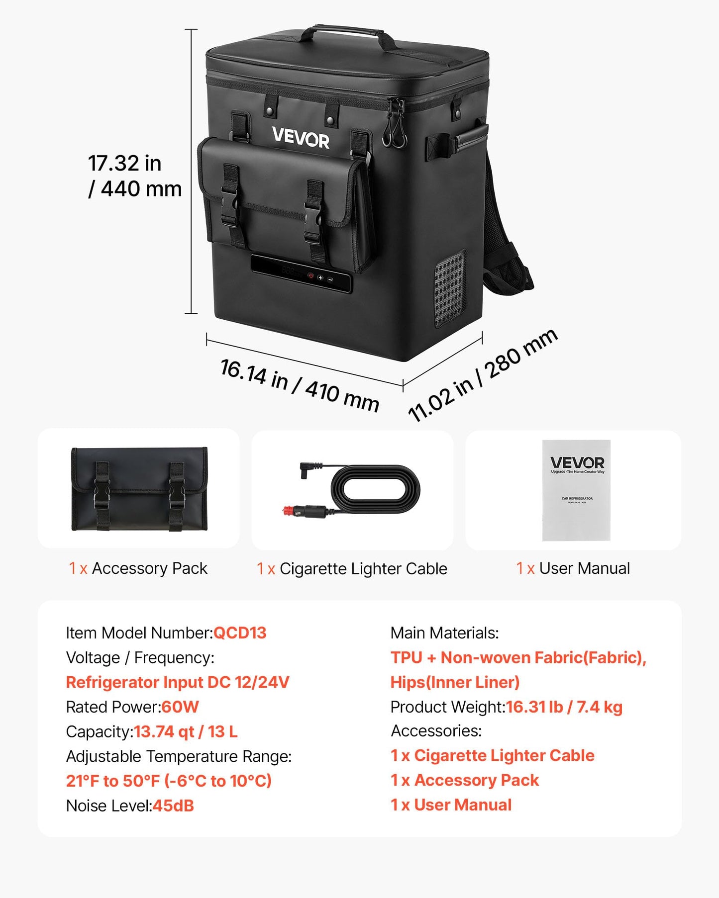 VEVOR 12 Volt Refrigerator, 13.7 QT/ 13L Car Fridge, Portable Electric Freezer Compressor, 12V/24V DC, 21℉ to 50℉/ -6℃ to 10℃, for Truck Van RV SUV Boat Travel Camping Road Trips