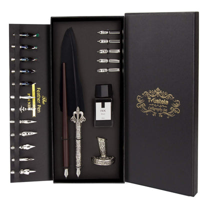 Trustela Calligraphy Set for Beginners, Wooden Dip Pen, Feather Quill, 19 Nibs, Ink Set, Gift Box