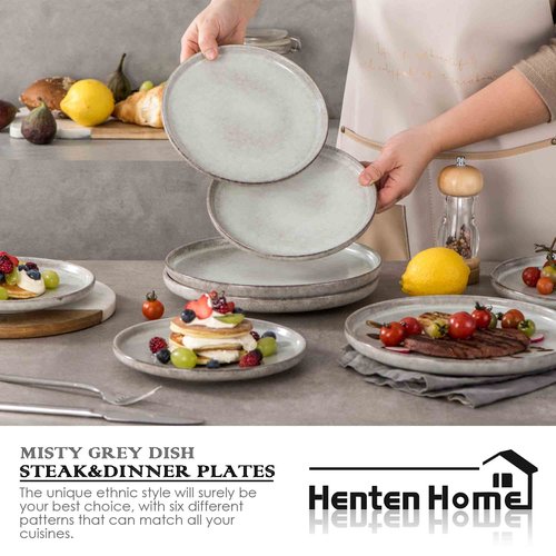 Henten Home Ceramic Dessert Plates, 8 Inch Porcelain Salad Plates Set of 4, Fluted Round Snack Plates for Kitchen, Cake Serving Stoneware Dishes, Reactive Glaze, Scratch Resistant (Grey)