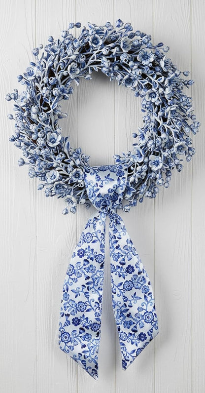 Skiennix Wreath Sash - Blue Floral Chinoiserie Decor | 55x5 Inch Ribbon for Indoor/Outdoor Use