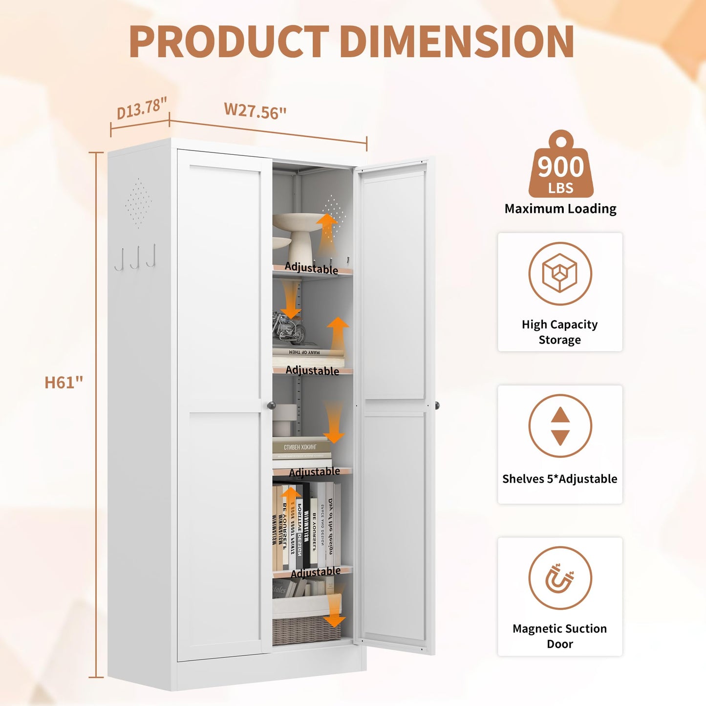 FOSTOKO Kitchen Pantry Cabinet, 61 Inch Tall Storage Cabinet, Metal Cabinet with Doors and Adjustable Shelves, Food Pantry Storage Cabinet for Kitchen Room, White