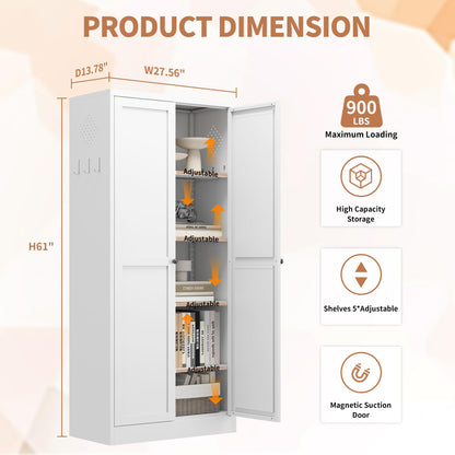 FOSTOKO Kitchen Pantry Cabinet, 61 Inch Tall Storage Cabinet, Metal Cabinet with Doors and Adjustable Shelves, Food Pantry Storage Cabinet for Kitchen Room, White