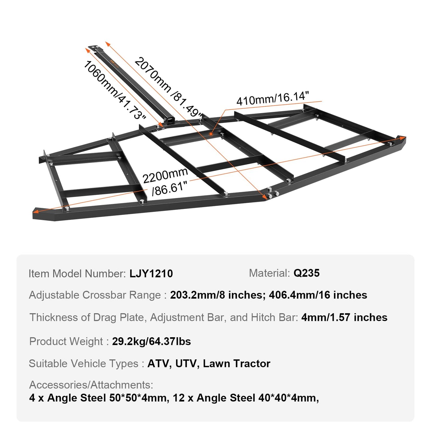 VEVOR Driveway Drag, 84" Width Tow Behind Q235 Steel Grader with Adjustable Bars, Support up to 50 lbs, for ATVs, UTVs, Garden Lawn Tractors, Black