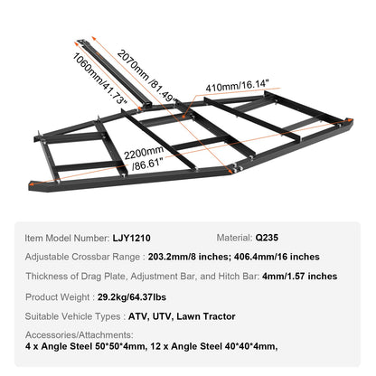 VEVOR Driveway Drag, 84" Width Tow Behind Q235 Steel Grader with Adjustable Bars, Support up to 50 lbs, for ATVs, UTVs, Garden Lawn Tractors, Black